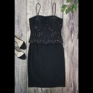 Caviar Black Beaded Evening Cocktail Spaghetti Strap Dress